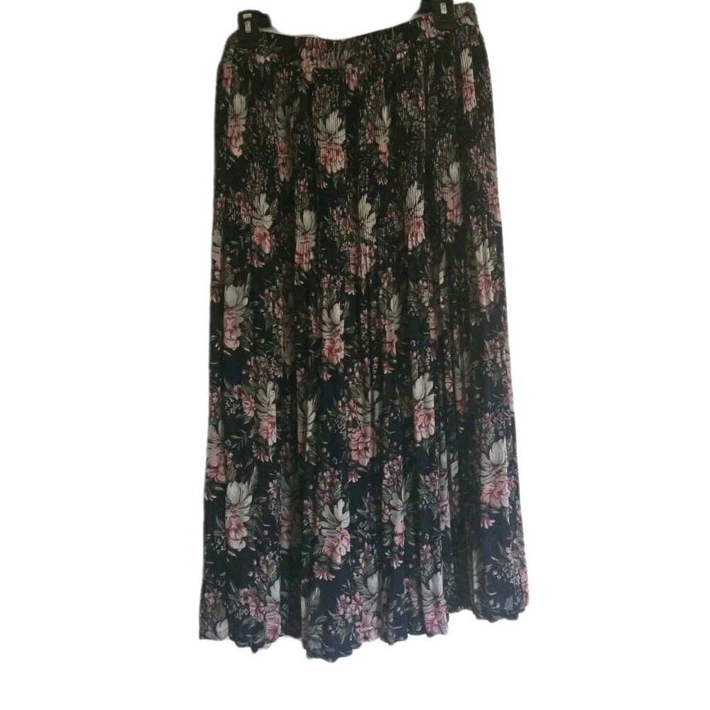 Sag Harbor Navy Pink Floral Pull-on Pleated Skirt Womens Large Long Midi Elastic